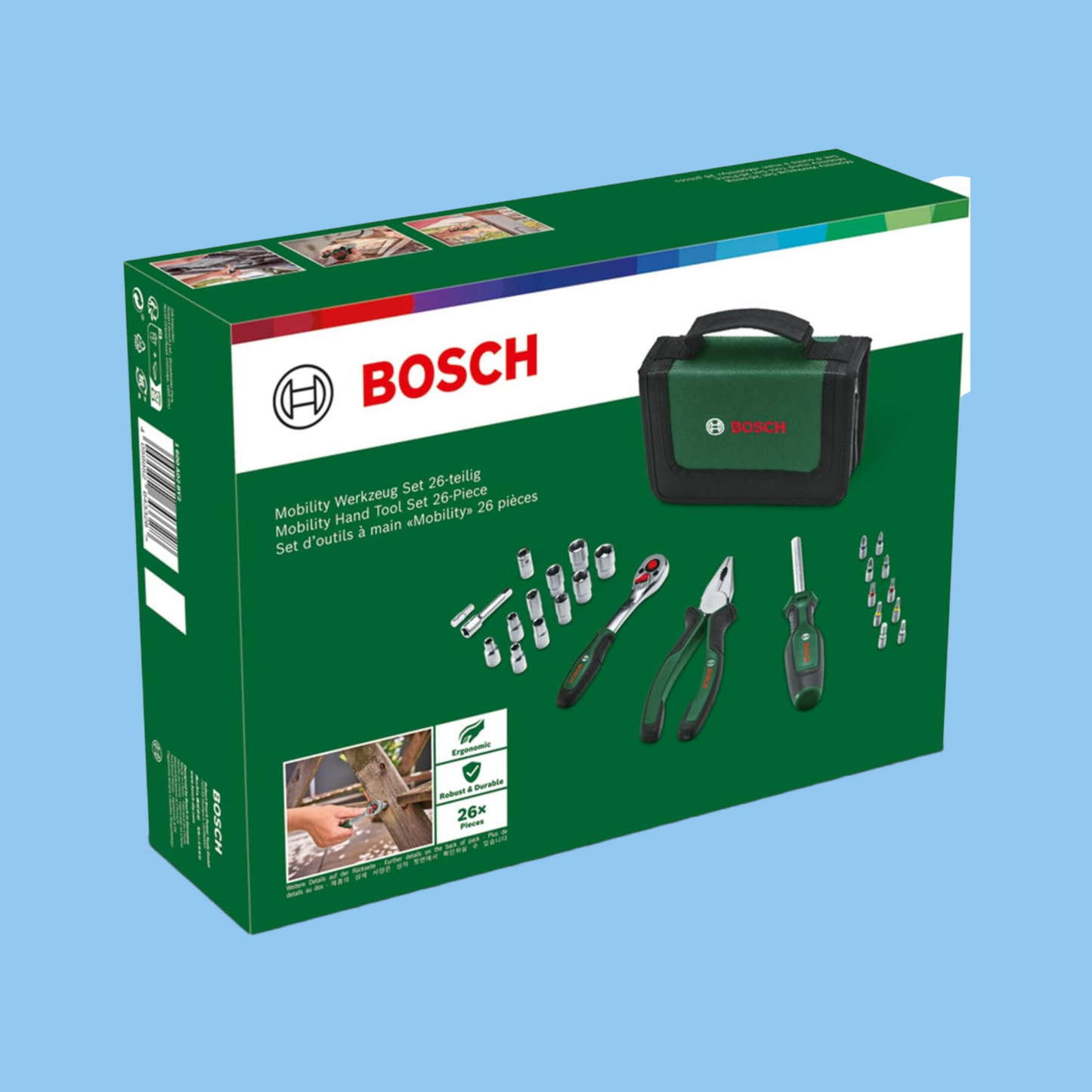 Bosch 26-Piece Mobility Tool Set: Compact DIY Kit with Ratchet & Pliers