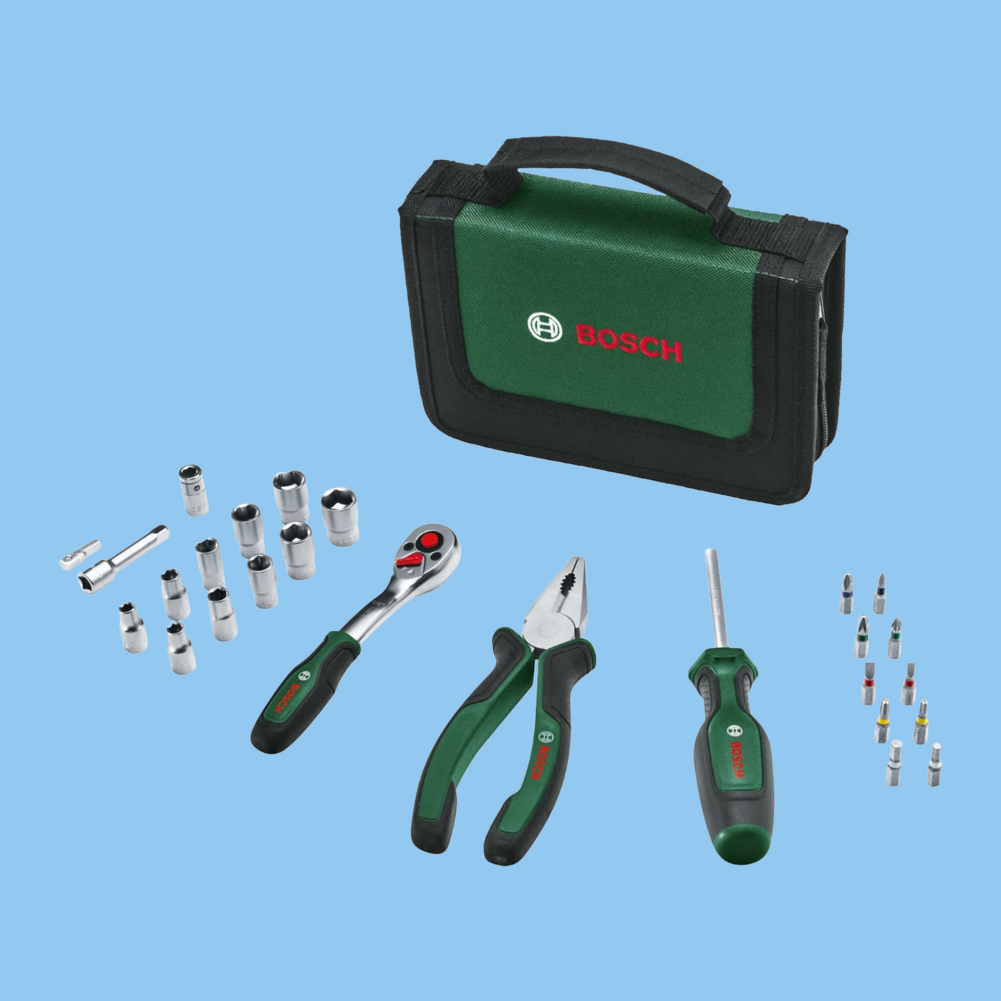 Bosch 26-Piece Mobility Tool Set: Compact DIY Kit with Ratchet & Pliers